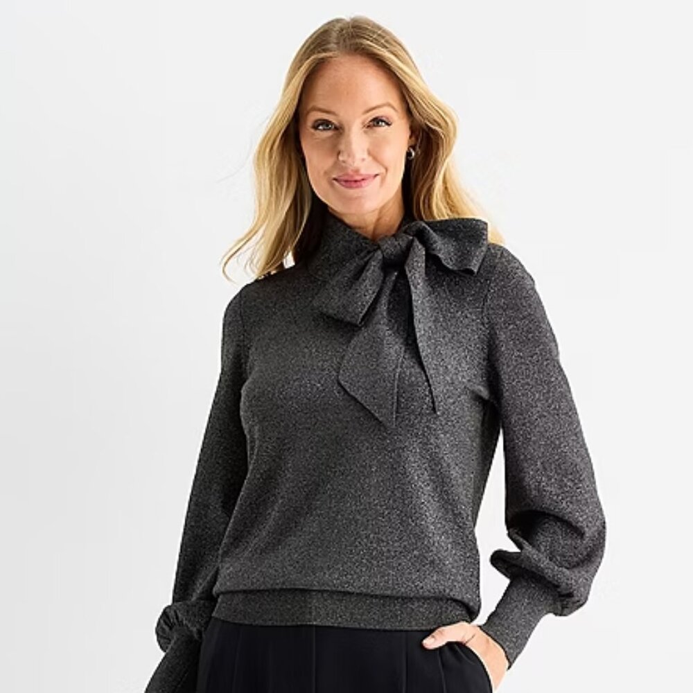 NWT Liz Claiborne Women's Split Tie Neck Long Sleeve Pullover Sweater